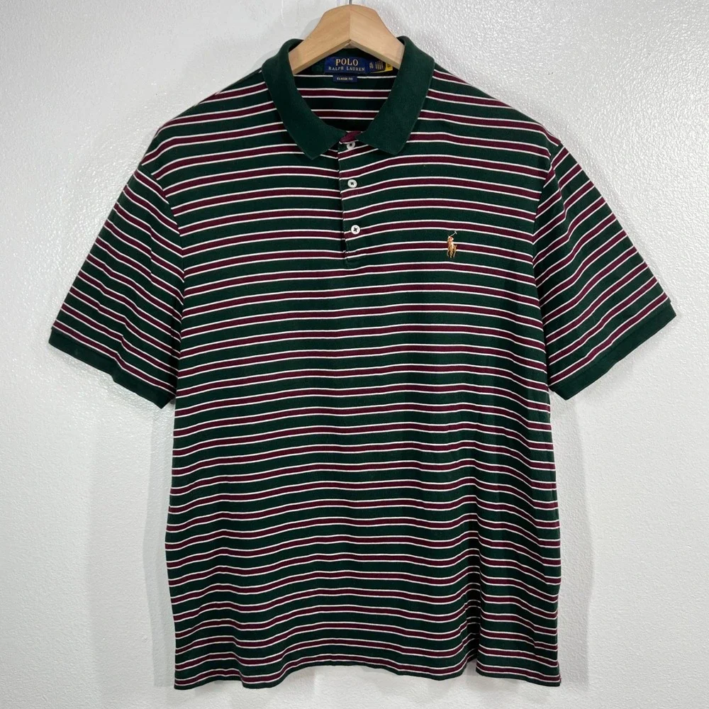 Polo Ralph Lauren Mens XL Classic Fit Striped Polo Shirt Green Maroon White